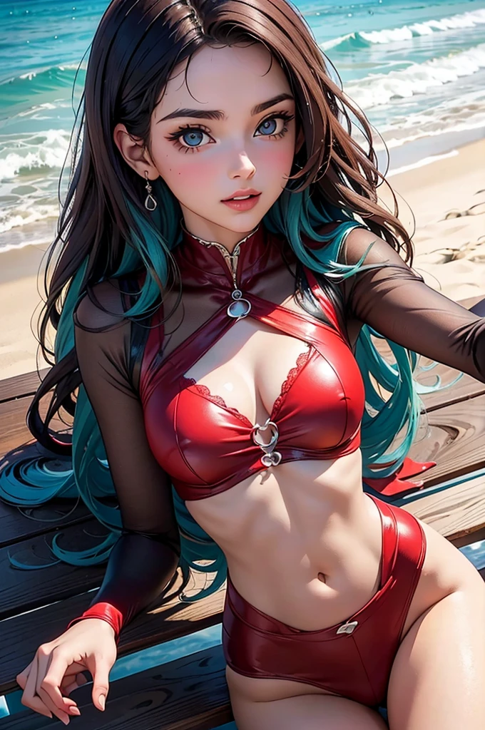 ragazza rossa , ultra dettagliata , accurata anatomia , precisa bellissima ,. tutto il busto , frontale , felice