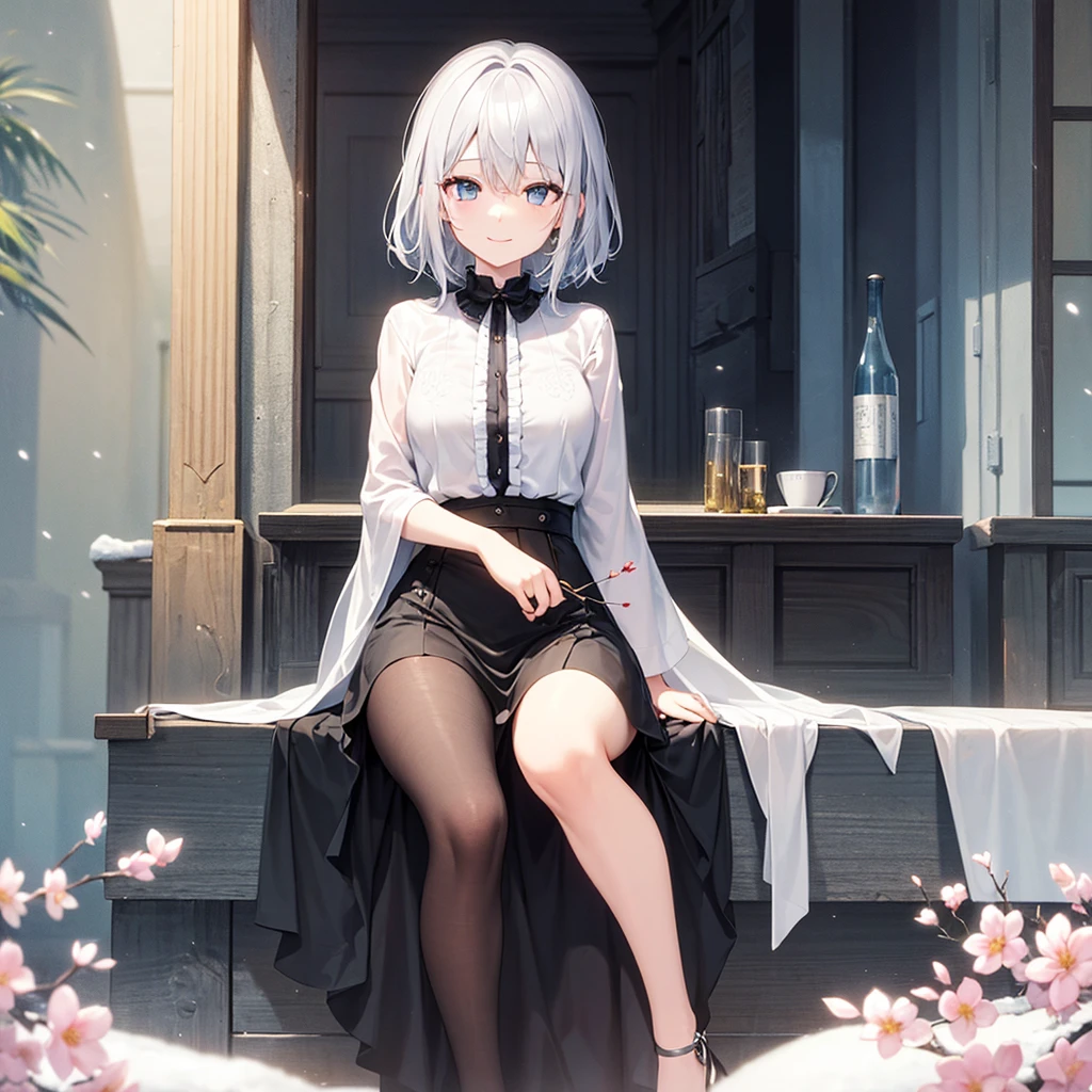 super high quality, with a girl, 20-year-old, very short hair, long bangs between the eyes, pale blue eyes , very detailed,(masterpiece、highest quality)、alone、gray hair、White skin as clear as snow、fantasy, silver hair, black eye, beautiful eyes,, ecstasy, charm, be smitten with audience, fantasyな風景、inside the house、white shirt、smile、flower garden、Cherry blossoms fall