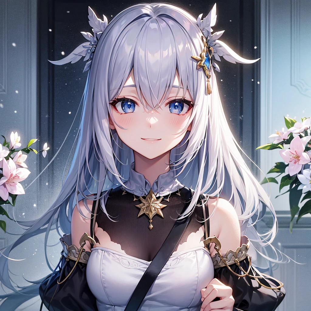 super high quality, with a girl, 20-year-old, very short hair, long bangs between the eyes, pale blue eyes , very detailed,(masterpiece、highest quality)、alone、gray hair、White skin as clear as snow、fantasy, silver hair, black eye, beautiful eyes,, ecstasy, charm, be smitten with audience, fantasyな風景、inside the house、white shirt、smile、flower garden、Cherry blossoms fall