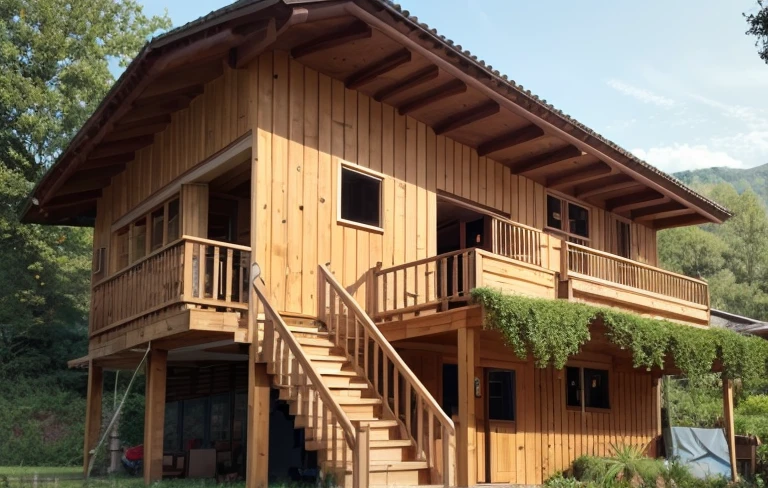 there is a Wooden House with a staircase and a balcony, Wooden House, มุมมองfront, Old House, มุมมองfront, village house, front view, long house, มุมมองfront, house on stilts, front, External view, view from the side, view from the side, External view, Inside the house in the village, full - view, Wooden Houses