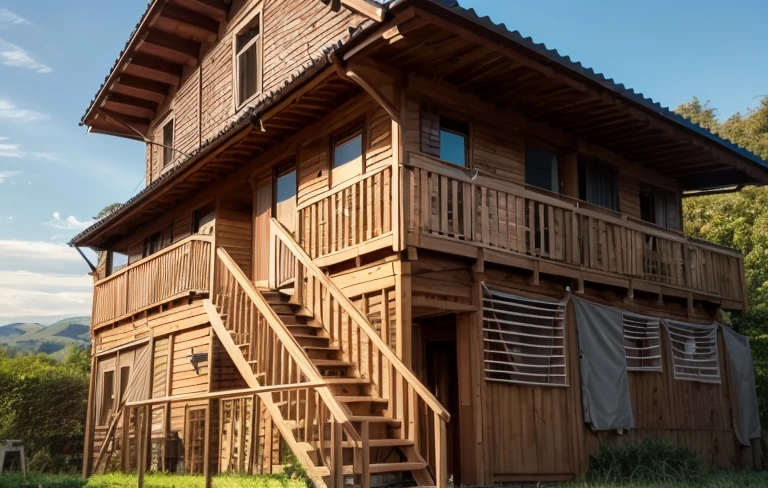 there is a Wooden House with a staircase and a balcony, Wooden House, มุมมองfront, Old House, มุมมองfront, village house, front view, long house, มุมมองfront, house on stilts, front, External view, view from the side, view from the side, External view, Inside the house in the village, full - view, Wooden Houses