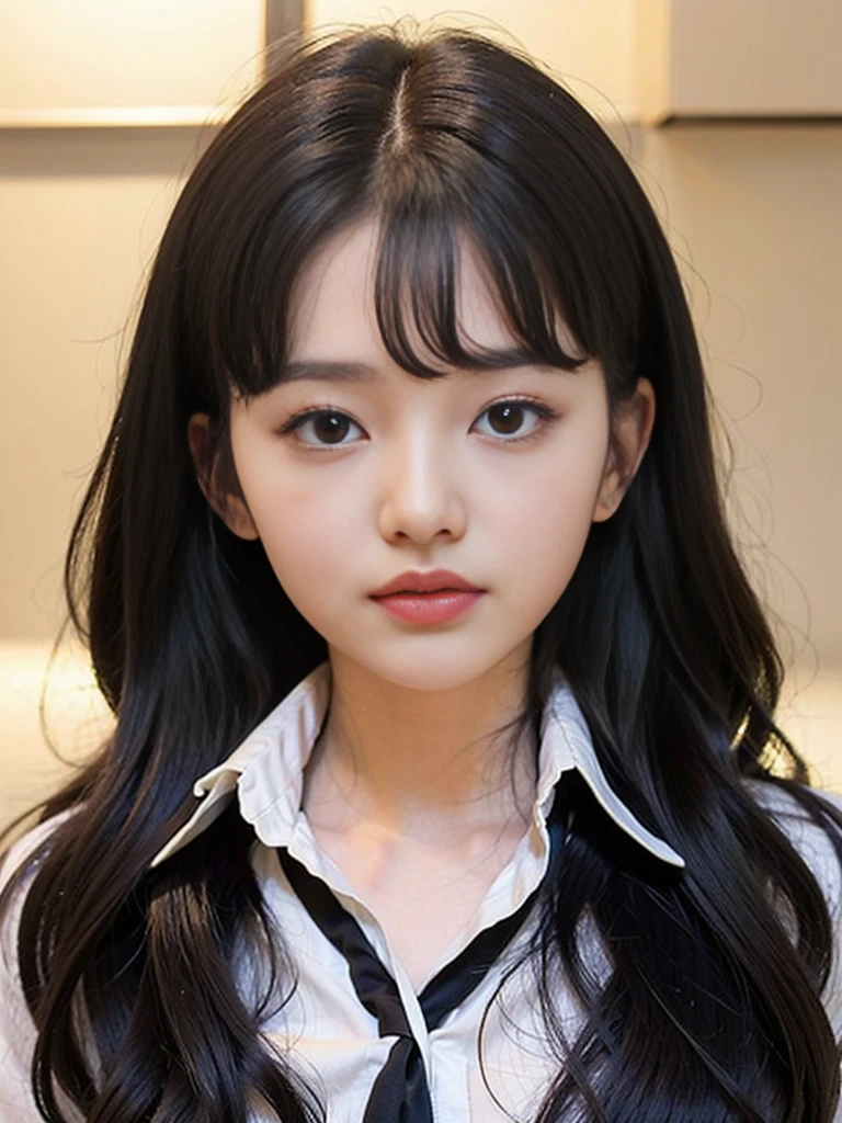 korean girl, long black hair and a white shirt, close up of a young girl, extremely cute anime girl, pretty. heavy eyes to the side, detailed soft face, beautiful,