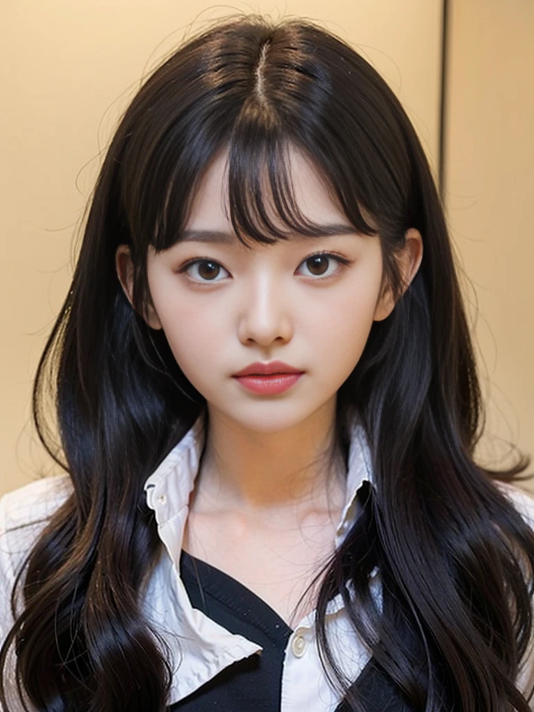 korean girl, long black hair and a white shirt, close up of a young girl, extremely cute anime girl, pretty. heavy eyes to the side, detailed soft face, beautiful,