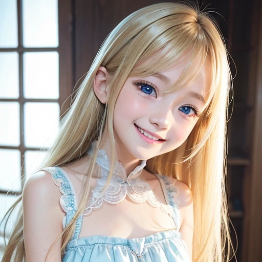 one very beautiful cute young girl、10 years old、((very happy smile ))、Embarrassed blush、Beautiful very long shiny blonde hair with golden shine、Shiny and very beautiful pure white skin、Very beautiful and cute light blue eyes、shiny skin、 Very beautiful cute face、Beautiful cute bright look、Clear double eyelids