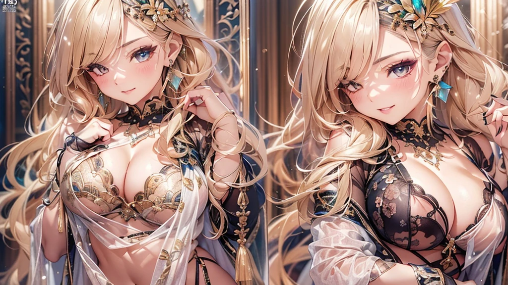 過去最高のmasterpiece、beautiful美しさ, 3D two-dimensional, rich, blonde, skirt, stockings, high heels, star、(Highly detailed CG Unity 8K wallpaper),(masterpiece), (最高quality), (超be familiar with), (best work),(best shadow), (sharp eyeliner, eye shadow, fine eye:1.1), (超High resolution,realistic,最高quality,realistic),(8K,RAW photo,最高quality,star),mature woman、sensual curves、huge breasts、thighs、bubble、お尻のmasterpiece, 最高quality, 超be familiar with, full body shot, mature woman, beautiful mature woman, nightgown and underwear, enchanting smile, thick lips, Chubby lips, blush, looking at the viewer, provocative expression, beautifulhair型, cleavage, Plump、curvy hips、attractive face、sexy lingerie、an inviting gaze、Expression of emotions、Lewd underwear、(((erotic see-through lingerie set)))、Standing position、gorgeous accessories 、big breastsの女性, bare shoulders, 金色のhair, colored feather, metal ornaments, colored flowers, particle, light, (masterpiece, 最高quality, 最高quality, official art, beautiful and aesthetic:1.2), (1 girl:1.5), 非常にbe familiar with,(fractal art:1.1),(colorful:1.1)、(flowers:1.3),most detailed,(zentangle:1.2), (dynamic pose), (abstract background:1.3), (shiny skin), (lots of colors :1.4), ,(earrings:1.4), (feather:1.4),masterpiece, 最高quality, 超be familiar with, 30~40 years, full body shot, beautiful 、さまざまなhair型，gold headband，plump breasts，beautiful，greek clothing，Tulle covers the breasts，perfectly proportioned, detailed clothing details,marble，god statue，cinematic lighting, film grain, 8K, masterpiece, 超be familiar with, high detail, 高quality, High resolution,(((NSFW:1.2)))、exposed chest、Openwork decoration，(((see through dress)))、(((解剖学的に正しいbody))) , 最高quality, 超be familiar with, (((Lewd underwear)))、raise your butt, from below, (((R-18)))、thighs, big breasts, Are standing, cowboy shot, blush, (((1 girl))), (masterpiece:1.3), (High resolution), (8K), (非常にbe familiar with), perfect face, Nice eye and face, (((最高quality))), (超be familiar with), detailed face and eye, (alone), beautifuleye,(((sexy pose)))、(((整ったbig breasts)))、((beautiful eye))、luxury、(((超High resolution)))、(((detailed description)))、(((ぽっちゃりbody型)))、(((解剖学的構造に一致したbodyの部位)))、beautiful長いまつ毛、バランスのとれたbody型,2 feet、Just the right size for your legs and arms、Fishnet tights、glamorous、(((Clear white and black eye)))、lipstick、Sparkling、(Undistorted face, eye, body)、jewelry、gem、(長くカールしたbeautifulまつ毛)、(((バランス良いbeautiful胸)))、(transparent, Exquisite skin:1.2)、(((完璧なglamorousボディー)))、actress face、Super beautiful、Cute smile、Healing beauty、Flower shower、完璧なeye、realistic depiction、Super sexy、glossy、Glamorous、double eyelids、Good dark makeup、makeup、ぼやけていないeye , expensive_quality, expensive_solve, masterpiece*I wore, whitespace, colorful, 1 girl, alone, white_hair, prism hair, [pink|green] eye, gradient eye, multicolored eye, shine eye, shine, Sparkling, shine white particles, Alone、one shot、adorable、Plump、Glossy and exquisite skin、はっきりしたeye鼻立ち、realistic eyes、whiteい肌, real human skin, (be familiar with), oval face, pore,  (8K, Raw photo, realistic: 1.4), one girl,  (Gentle and Goddess-like Eyes) happiness: 1.2), (lip gloss, eyelash, gross face, 最高quality, 超High resolution, wide lighting, natural shading)