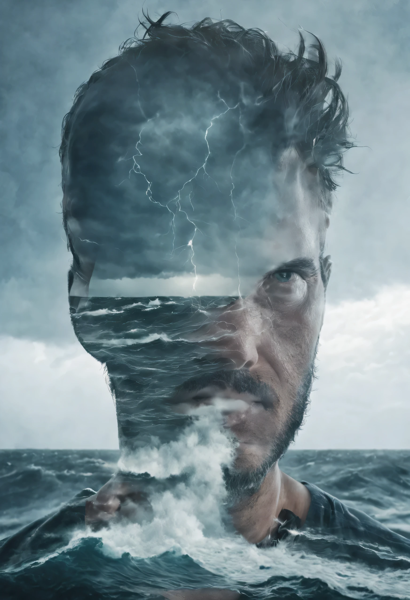 Double exposure style of a man mixed with storm at sea