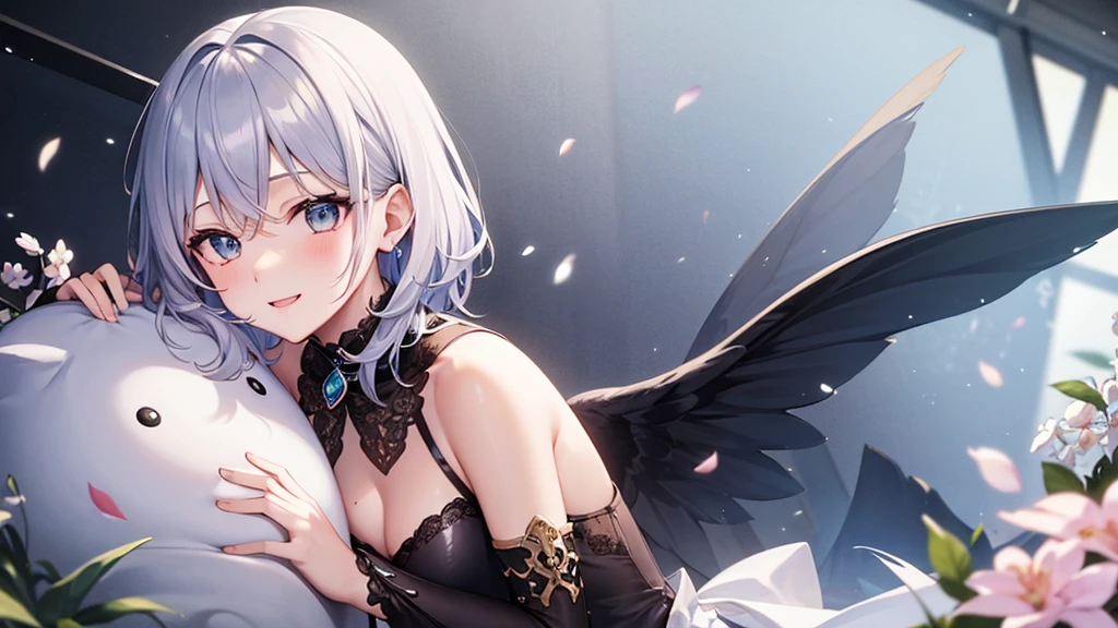 super high quality, with a girl, 20-year-old, very short hair, long bangs between the eyes, pale blue eyes , very detailed,(masterpiece、highest quality)、alone、gray hair、White skin as clear as snow、fantasy, silver hair, black eye, beautiful eyes,, ecstasy, charm, be smitten with audience, fantasyな風景、inside the house、white shirt、smile、flower garden、Cherry blossoms fall