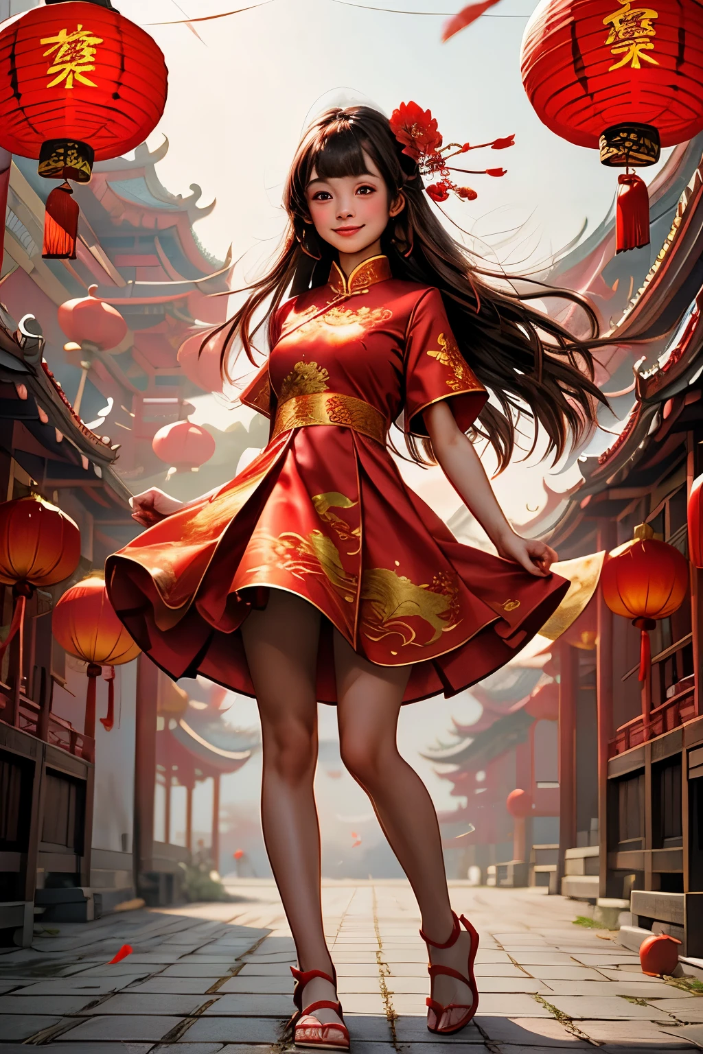 chinese new year,  1girl,  solo,  long hair,  looking at viewer,  blush,  smile,  bangs,  brown hair,  hair ornament,  dress,  holding,  brown eyes,  medium breasts,  closed mouth,  standing,  full body,  flower,  short sleeves,  socks,  hair flower,  bare legs,  chinese clothes,  red dress,  sandals,  red flower,  red footwear,  china dress,  red nails,  lantern,  dragon,  paper lantern,  eastern dragon,