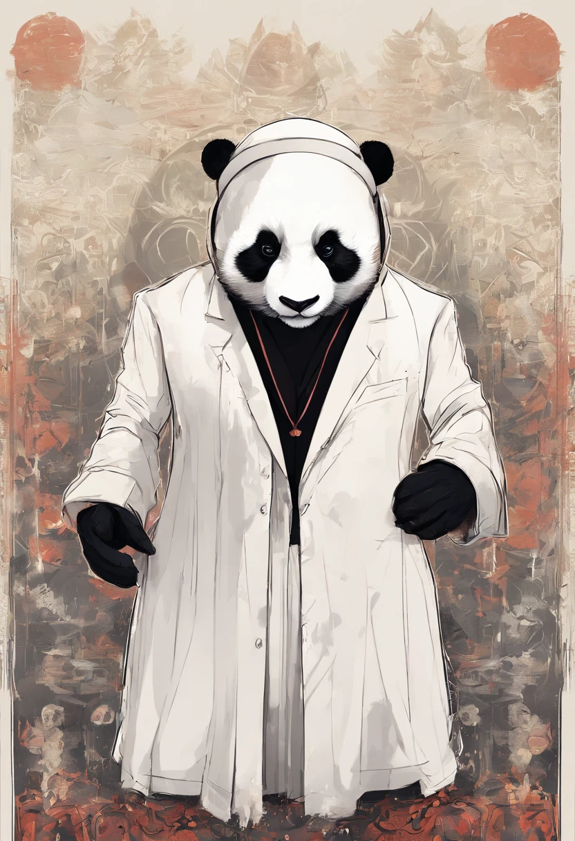 anthropomorphic panda, de cuerpo entero, vestido formalmente con un blazer, sostiene una bandeja, pegatina de panda, sticker de panda.