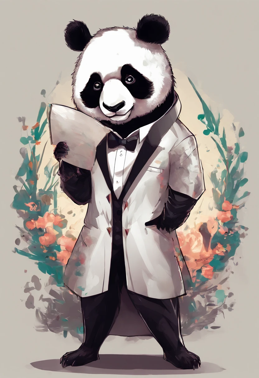 anthropomorphic panda, de cuerpo entero, vestido formalmente con un blazer, sostiene una bandeja, pegatina de panda, sticker de panda.