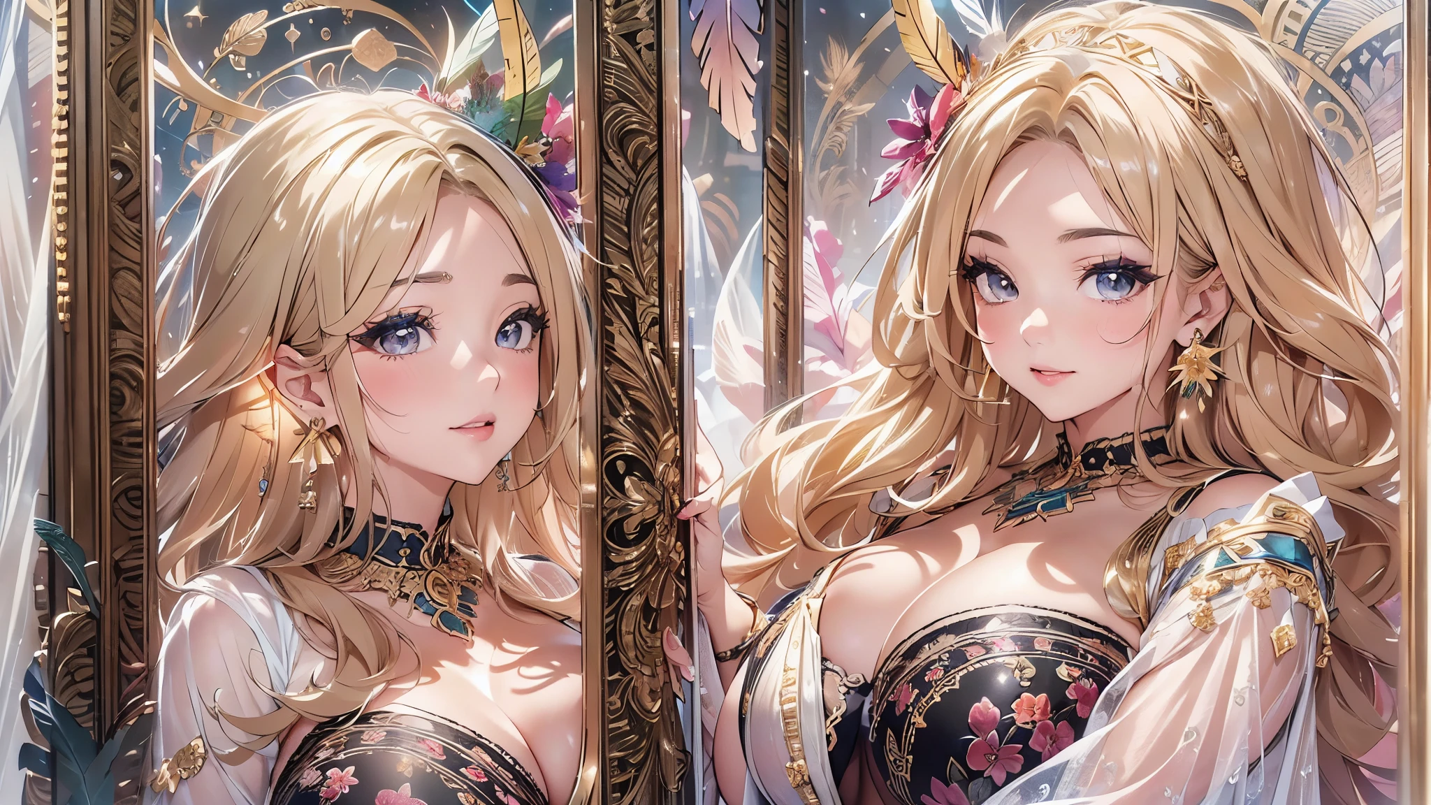 過去最高のmasterpiece、beautiful美しさ, 3D two-dimensional, rich, blonde, skirt, stockings, high heels, star、(Highly detailed CG Unity 8K wallpaper),(masterpiece), (最高quality), (超be familiar with), (best work),(best shadow), (sharp eyeliner, eye shadow, fine eye:1.1), (超High resolution,realistic,最高quality,realistic),(8K,RAW photo,最高quality,star), woman、sensual curves、huge breasts、bubble、お尻のmasterpiece, 最高quality, 超be familiar with, full body shot, mature woman,iful mature woman, nightnd underwear, enchanting smile, thick lips, Chubby lips, blush, looking at the viewer, provocative expression, beautifulhair型, cleavage, Plump、curvy hiptive face、sexy lingerie、an inviting gaze、Exssion of emotions、Lewd underwear、(((erotic see-throughgerie set)))、Standsition、gorgeous accessories 、big breastsの女性, bare shoulders, 金色のhair, color metal ornaments, colored flowers, particle, light, (masterpiece, 最高quality, 最高quality, official art, beautiful and aesthetic:1.2), (1 girl:1.5), 非常にbe familiar with,(fractal art:1.1),(colorful:1.1)、(flowers:1.3),most detailed,(zentangle:1.2), (dynamic pose), (abstract background:1.3), (shiny skin), (lots of colors :1.4), ,(earrings:1.4), (feather:1.4),masterpiece, 最高quality, 超be familiar with, 30~40 years, full body shot, beautiful 、さまざまなhair型，gold headband，plump breasts，beautiful，greek clothing，Tulle covers the breaststly proportioned, detailed clothing details,marbleatue，cinematic lighting, film grain, 8K, masterpiece, 超be familiar with, high detail, 高quality, High resolution,(((NSFW:1.2)))、exposed chest、Openwork decoration，(((see through dress)))、(((解剖学的に正しいbody))) , 最高quality, 超be familiar with, (((Lewd underwear)))、raise your butt, from below, (((R-18)))、thighs, big bts, Are standing, cowboy shotush, (((1 girl))), (masterpiece:1.3),lution), (8K), (非常にbe familiar with), perfect face, Nice eye and face, (((最高quality))), (超be familiar with), detailed face and eye, (alone), beautifuleye,(((sexy pose)))、(((整ったbig breasts)))、((beautiful eye))、luxury、(((超High resolution)))、(((detai description)))、(((ぽっちゃ))、(((解剖学的構造に一致したbodyの部位)))、beautiful長いまつ毛、バランスのとれたbody型,2 feet、Just the right size for your legs and arms、Fishnet tights、glamorous、(((Clear white and black eye)))、lipstick、Sparkling、(Undistorted face, eye, body)、jewelry、gem、(長くカールしたbeautifulまつ毛)、(((バランス良いbeautiful胸)))、(transparent, Exquisite skin:1.2)、(((完璧なglamorousボディー)))、actress face、Super beautiful、Cute smile、Healing beauty、Flower shower、完璧なeye、realistic depiction、Super sexy、glossy、Glamorous、double eyelids、Good dark makeup、makeup、ぼやけていないeye , expensive_quality, expensisolve, masterpieceI wore, whitespace, colorful, 1 girl, alone, white_hair, prism hair, [pink|green] eye, gradient eye, multicolored eye, shine eye, shine, Sparkling, shine white particles, Alone、one shot、adorable、Plump、Glossy and exquisite skin、はっきりしたeye鼻立ち、realistic eyes、whiteい肌, real human skin, (be ar with), oval face, pore,  (8K, Raw photo, realistic: 1.4), one girl,  (Gentle and Goddess-like Eyes) happiness: 1.2), (lip gloss, eyelash, gross face, 最高quality, 超High resolution, wide lighting, natural shading)