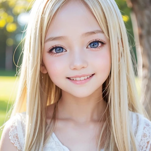 one very beautiful cute young girl、、((very happy smile ))、Embarrassed blush、Beautiful very long shiny blonde hair with golden shine、Shiny and very beautiful pure white skin、Very beautiful and cute light blue eyes、shiny skin、 Very beautiful cute face、Beautiful cute bright look、Clear double eyelids