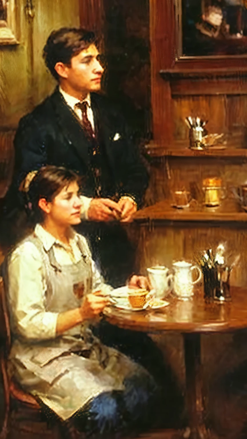 Young man and young woman, in love, coffee shop, oil painting