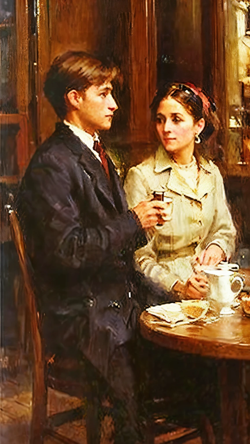 Young man and young woman, in love, coffee shop, oil painting
