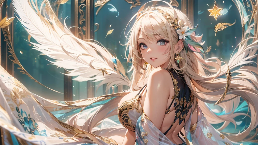 過去最高のmasterpiece、beautiful美しさ, 3D two-dimensional, rich, blonde, skirt, stockings, high heels, star、(Highly detailed CG Unity 8K wallpaper),(masterpiece), (最高quality), (超be familiar with), (best work),(best shadow), (sharp eyeliner, eye shadow, fine eye:1.1), (超High resolution,realistic,最高quality,realistic),(8K,RAW photo,最高quality,star),mature woman、sensual curves、huge breasts、thighs、bubble、お尻のmasterpiece, 最高quality, 超be familiar with, full body shot, mature woman, beautiful mature woman, nightgown and underwear, enchanting smile, thick lips, Chubby lips, blush, looking at the viewer, provocative expression, beautifulhair型, cleavage, Plump、curvy hips、attractive face、sexy lingerie、an inviting gaze、Expression of emotions、Lewd underwear、(((erotic see-through lingerie set)))、Standing position、gorgeous accessories 、big breastsの女性, bare shoulders, 金色のhair, colored feather, metal ornaments, colored flowers, particle, light, (masterpiece, 最高quality, 最高quality, official art, beautiful and aesthetic:1.2), (1 girl:1.5), 非常にbe familiar with,(fractal art:1.1),(colorful:1.1)、(flowers:1.3),most detailed,(zentangle:1.2), (dynamic pose), (abstract background:1.3), (shiny skin), (lots of colors :1.4), ,(earrings:1.4), (feather:1.4),masterpiece, 最高quality, 超be familiar with, 30~40 years, full body shot, beautiful 、さまざまなhair型，gold headband，plump breasts，beautiful，greek clothing，Tulle covers the breasts，perfectly proportioned, detailed clothing details,marble，god statue，cinematic lighting, film grain, 8K, masterpiece, 超be familiar with, high detail, 高quality, High resolution,(((NSFW:1.2)))、exposed chest、Openwork decoration，(((see through dress)))、(((解剖学的に正しいbody))) , 最高quality, 超be familiar with, (((Lewd underwear)))、raise your butt, from below, (((R-18)))、thighs, big breasts, Are standing, cowboy shot, blush, (((1 girl))), (masterpiece:1.3), (High resolution), (8K), (非常にbe familiar with), perfect face, Nice eye and face, (((最高quality))), (超be familiar with), detailed face and eye, (alone), beautifuleye,(((sexy pose)))、(((整ったbig breasts)))、((beautiful eye))、luxury、(((超High resolution)))、(((detailed description)))、(((ぽっちゃりbody型)))、(((解剖学的構造に一致したbodyの部位)))、beautiful長いまつ毛、バランスのとれたbody型,2 feet、Just the right size for your legs and arms、Fishnet tights、glamorous、(((Clear white and black eye)))、lipstick、Sparkling、(Undistorted face, eye, body)、jewelry、gem、(長くカールしたbeautifulまつ毛)、(((バランス良いbeautiful胸)))、(transparent, Exquisite skin:1.2)、(((完璧なglamorousボディー)))、actress face、Super beautiful、Cute smile、Healing beauty、Flower shower、完璧なeye、realistic depiction、Super sexy、glossy、Glamorous、double eyelids、Good dark makeup、makeup、ぼやけていないeye , expensive_quality, expensive_solve, masterpiece*I wore, whitespace, colorful, 1 girl, alone, white_hair, prism hair, [pink|green] eye, gradient eye, multicolored eye, shine eye, shine, Sparkling, shine white particles, Alone、one shot、adorable、Plump、Glossy and exquisite skin、はっきりしたeye鼻立ち、realistic eyes、whiteい肌, real human skin, (be familiar with), oval face, pore,  (8K, Raw photo, realistic: 1.4), one girl,  (Gentle and Goddess-like Eyes) happiness: 1.2), (lip gloss, eyelash, gross face, 最高quality, 超High resolution, wide lighting, natural shading)