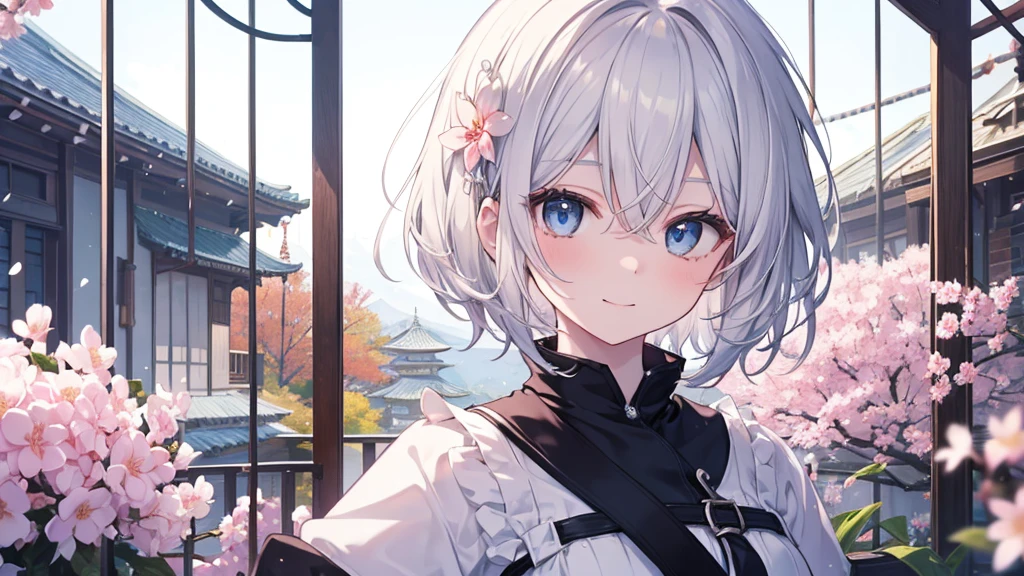 super high quality, with a girl, 20-year-old, very short hair, long bangs between the eyes, pale blue eyes , very detailed,(masterpiece、highest quality)、alone、gray hair、White skin as clear as snow、fantasy, silver hair, black eye, beautiful eyes,, ecstasy, charm, be smitten with audience, fantasyな風景、inside the house、white shirt、smile、flower garden、Cherry blossoms fall