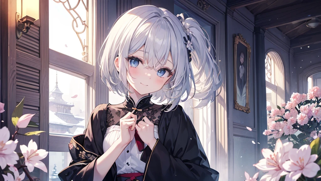 super high quality, with a girl, 20-year-old, very short hair, long bangs between the eyes, pale blue eyes , very detailed,(masterpiece、highest quality)、alone、gray hair、White skin as clear as snow、fantasy, silver hair, black eye, beautiful eyes,, ecstasy, charm, be smitten with audience, fantasyな風景、inside the house、white shirt、smile、flower garden、Cherry blossoms fall
