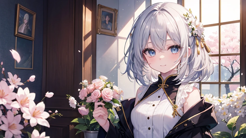 super high quality, with a girl, 20-year-old, very short hair, long bangs between the eyes, pale blue eyes , very detailed,(masterpiece、highest quality)、alone、gray hair、White skin as clear as snow、fantasy, silver hair, black eye, beautiful eyes,, ecstasy, charm, be smitten with audience, fantasyな風景、inside the house、white shirt、smile、flower garden、Cherry blossoms fall