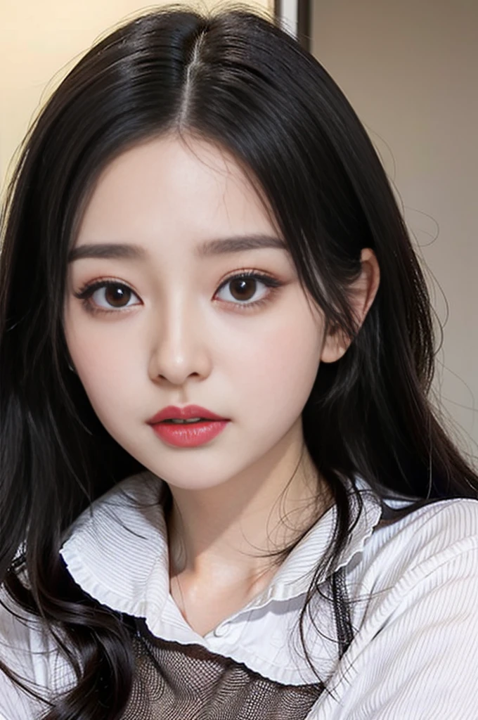 korean girl, long black hair and a white shirt, close up of a young girl, extremely cute anime girl, pretty. heavy eyes to the side, detailed soft face, beautiful,