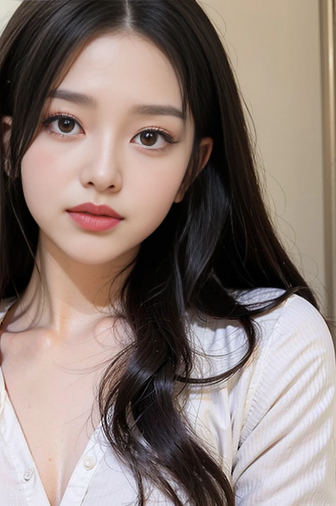 korean girl, long black hair and a white shirt, close up of a young girl, extremely cute anime girl, pretty. heavy eyes to the side, detailed soft face, beautiful,