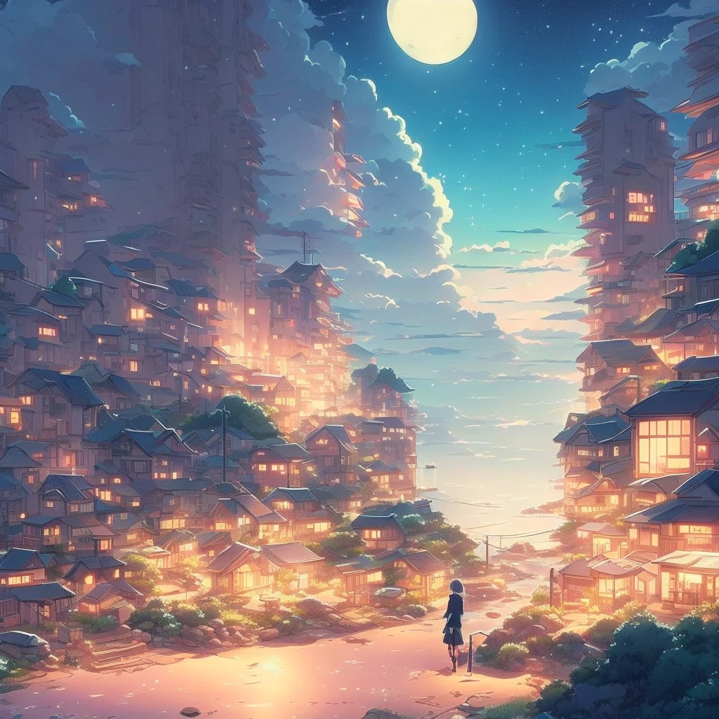 川と街のnight viewを描いた絵, anime background art, night view, anime scenery, beautiful anime scenery, anime background, beautiful anime scene, nightime village background, Makoto Shinkai's style, anime scenery wallpaper, Beautiful peace scenes in anime, anime scenery, inspired by Makoto Shinkai, ( ( makoto shinkai ) )