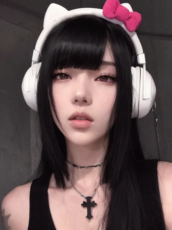 arafed woman con auriculares and a necklace with a cross on it, cruel korean gothic girl, ella tiene el pelo negro con flequillo, pelo negro y flequillo blanco, bella delfina, cabello con flequillo negro, ulzzang, flequillo blancopelo negro, con auriculares, 1 7 year old anime gothic girl, vibraciones de anime, con auriculares, blackpink jennie, blackpink lisa