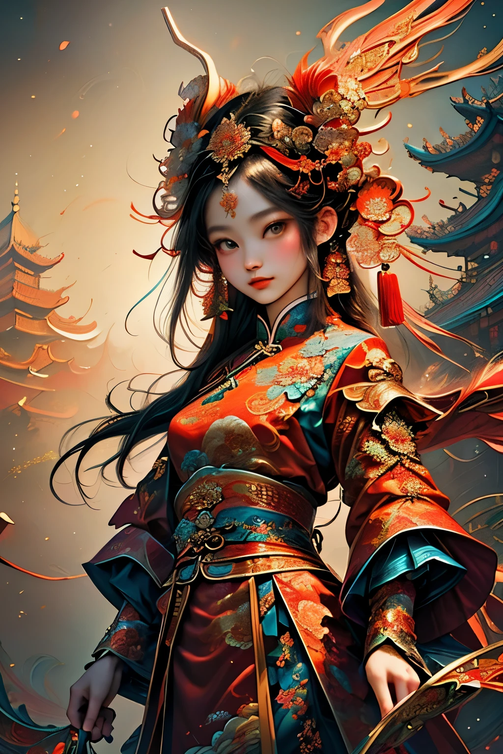 chinese new year,  (masterpiece, top quality, best quality, official art, beautiful and aesthetic:1.2), (1girl), extreme detailed,(fractal art:1.3),colorful,highest detailed