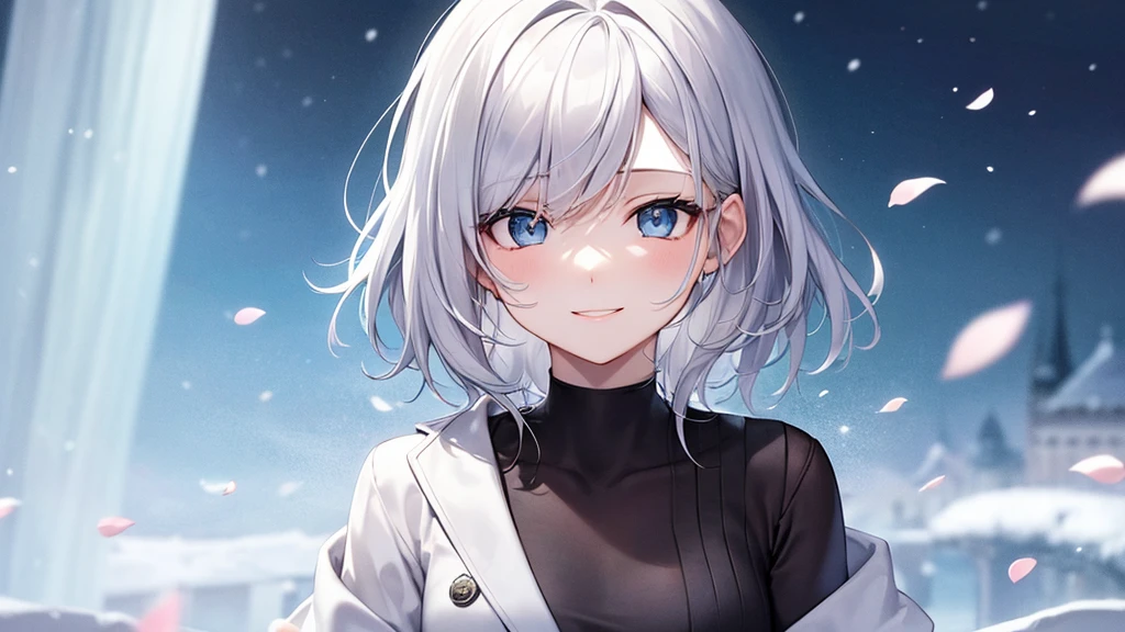 super high quality, with a girl, 20-year-old, very short hair, long bangs between the eyes, pale blue eyes , very detailed,(masterpiece、highest quality)、alone、gray hair、White skin as clear as snow、fantasy, silver hair, black eye, beautiful eyes,, ecstasy, charm, be smitten with audience, fantasyな風景、White jacket、black shirt、smile、flower garden、Cherry blossoms fall