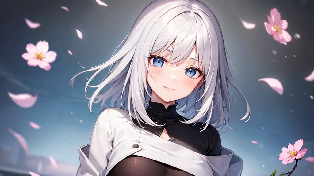 super high quality, with a girl, 20-year-old, very short hair, long bangs between the eyes, pale blue eyes , very detailed,(masterpiece、highest quality)、alone、gray hair、White skin as clear as snow、fantasy, silver hair, black eye, beautiful eyes,, ecstasy, charm, be smitten with audience, fantasyな風景、White jacket、black shirt、smile、flower garden、Cherry blossoms fall