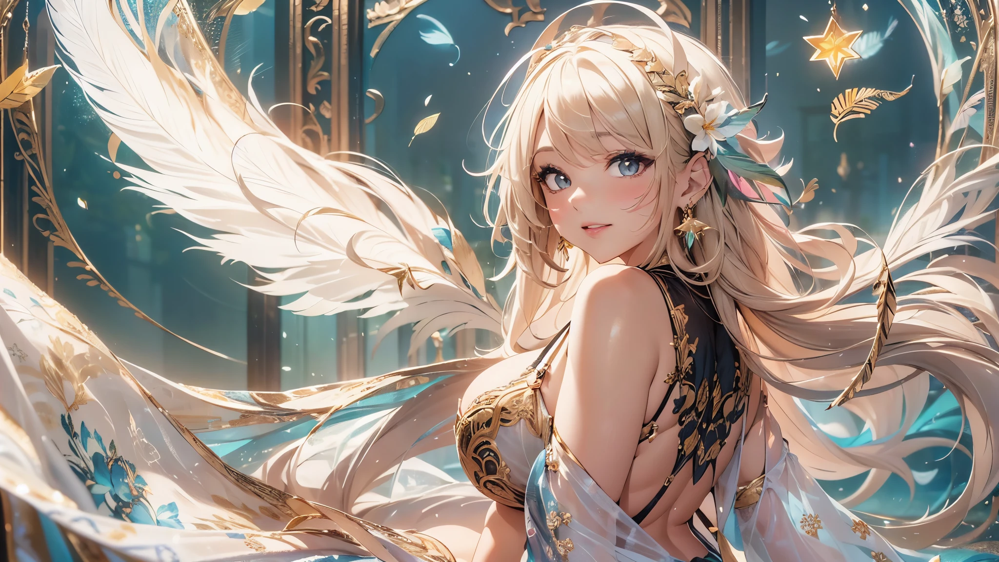 過去最高のmasterpiece、beautiful美しさ, 3D two-dimensional, rich, blonde, skirt, stockings, high heels, star、(Highly detailed CG Unity 8K wallpaper),(masterpiece), (最高quality), (超be familiar with), (best work),(best shadow), (sharp eyeliner, eye shadow, fine eye:1.1), (超High resolution,realistic,最高quality,realistic),(8K,RAW photo,最高quality,star),mature woman、sensual curves、huge breasts、thighs、bubble、お尻のmasterpiece, 最高quality, 超be familiar with, full body shot, mature woman, beautiful mature woman, nightgown and underwear, enchanting smile, thick lips, Chubby lips, blush, looking at the viewer, provocative expression, beautifulhair型, cleavage, Plump、curvy hips、attractive face、sexy lingerie、an inviting gaze、Expression of emotions、Lewd underwear、(((erotic see-through lingerie set)))、Standing position、gorgeous accessories 、big breastsの女性, bare shoulders, 金色のhair, colored feather, metal ornaments, colored flowers, particle, light, (masterpiece, 最高quality, 最高quality, official art, beautiful and aesthetic:1.2), (1 girl:1.5), 非常にbe familiar with,(fractal art:1.1),(colorful:1.1)、(flowers:1.3),most detailed,(zentangle:1.2), (dynamic pose), (abstract background:1.3), (shiny skin), (lots of colors :1.4), ,(earrings:1.4), (feather:1.4),masterpiece, 最高quality, 超be familiar with, 30~40 years, full body shot, beautiful 、さまざまなhair型，gold headband，plump breasts，beautiful，greek clothing，Tulle covers the breasts，perfectly proportioned, detailed clothing details,marble，god statue，cinematic lighting, film grain, 8K, masterpiece, 超be familiar with, high detail, 高quality, High resolution,(((NSFW:1.2)))、exposed chest、Openwork decoration，(((see through dress)))、(((解剖学的に正しいbody))) , 最高quality, 超be familiar with, (((Lewd underwear)))、raise your butt, from below, (((R-18)))、thighs, big breasts, Are standing, cowboy shot, blush, (((1 girl))), (masterpiece:1.3), (High resolution), (8K), (非常にbe familiar with), perfect face, Nice eye and face, (((最高quality))), (超be familiar with), detailed face and eye, (alone), beautifuleye,(((sexy pose)))、(((整ったbig breasts)))、((beautiful eye))、luxury、(((超High resolution)))、(((detailed description)))、(((ぽっちゃりbody型)))、(((解剖学的構造に一致したbodyの部位)))、beautiful長いまつ毛、バランスのとれたbody型,2 feet、Just the right size for your legs and arms、Fishnet tights、glamorous、(((Clear white and black eye)))、lipstick、Sparkling、(Undistorted face, eye, body)、jewelry、gem、(長くカールしたbeautifulまつ毛)、(((バランス良いbeautiful胸)))、(transparent, Exquisite skin:1.2)、(((完璧なglamorousボディー)))、actress face、Super beautiful、Cute smile、Healing beauty、Flower shower、完璧なeye、realistic depiction、Super sexy、glossy、Glamorous、double eyelids、Good dark makeup、makeup、ぼやけていないeye , expensive_quality, expensive_solve, masterpiece*I wore, whitespace, colorful, 1 girl, alone, white_hair, prism hair, [pink|green] eye, gradient eye, multicolored eye, shine eye, shine, Sparkling, shine white particles, Alone、one shot、adorable、Plump、Glossy and exquisite skin、はっきりしたeye鼻立ち、realistic eyes、whiteい肌, real human skin, (be familiar with), oval face, pore,  (8K, Raw photo, realistic: 1.4), one girl,  (Gentle and Goddess-like Eyes) happiness: 1.2), (lip gloss, eyelash, gross face, 最高quality, 超High resolution, wide lighting, natural shading)