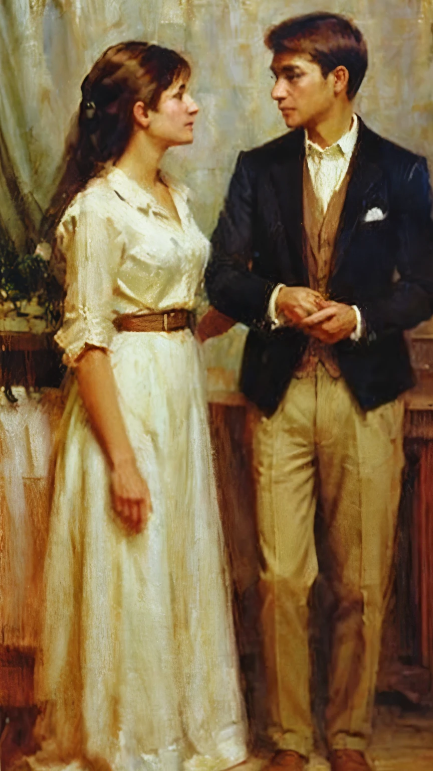 Young man and young woman, in love, separated, oil painting