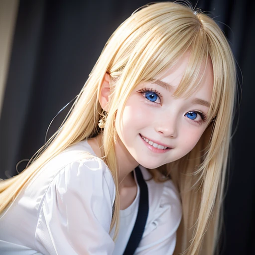 one very beautiful cute young girl、10 years old、((very happy smile ))、Embarrassed blush、Beautiful very long shiny blonde hair with golden shine、Shiny and very beautiful pure white skin、Very beautiful and cute light blue eyes、shiny skin、 Very beautiful cute face、Beautiful cute bright look、Clear double eyelids、beautiful cute big eyes