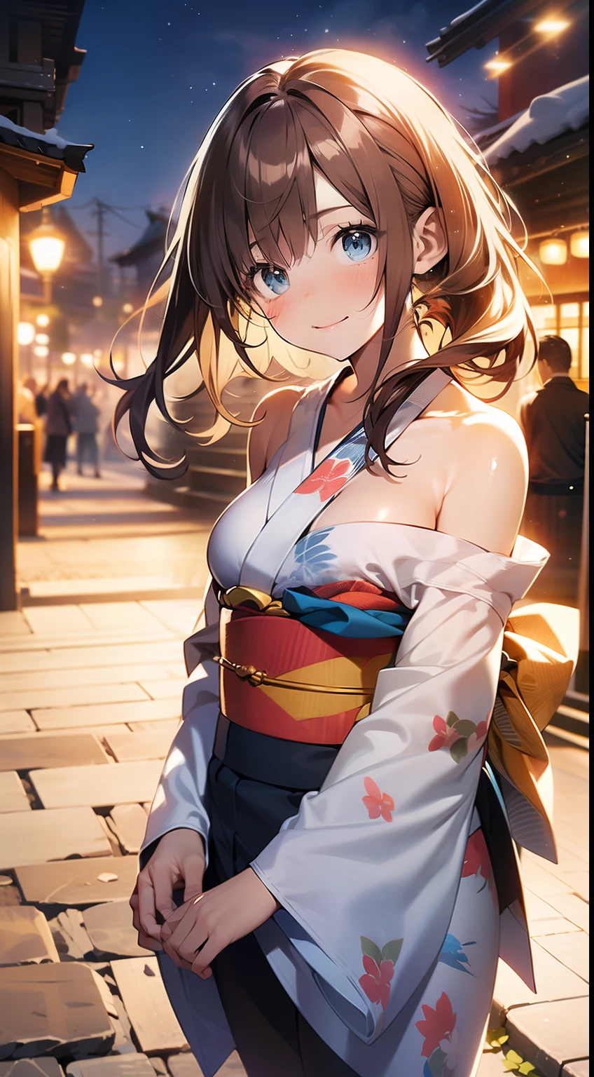 ((masterpiece, best quality, high resolution, ultra high definition, Pixel perfect, depth of field, 4K, RTX, human development report))), 1girl in, single, alone, Beauty、see whole body、 ((long hair, Short Liuhai, reddish brown hair)), ((blue eyes, beautiful eyelashes, realistic eyes)), ((Detailed face, blush:1.2)), ((smooth texture:0.75, lifelike质感:0.65, lifelike:1.1, Anime CG style)), medium breasts, Perfect body, (( Japanese kimono, bare shoulders ,Black tights)), Smile, Sideways posture, (wind blows hair，bare shoulders、exposing her chest、Black tights) , night ,snow , Hot springs