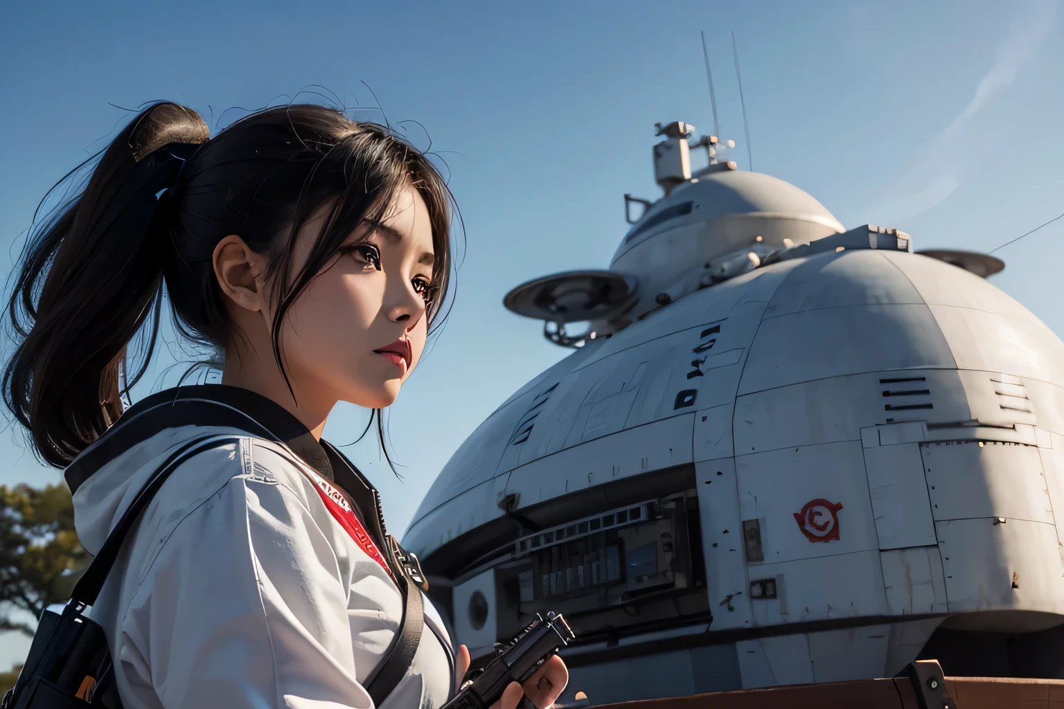 A young Latino woman,Wearing a futuristic fighting suit,Holding a gun and looking into the distance, There's a huge spaceship behind you,3D,externalization