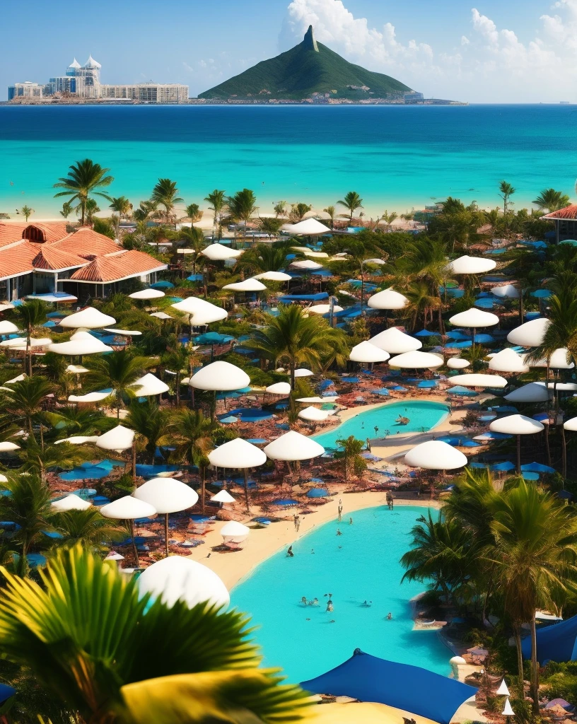 A resort city with a breathtaking view of the ocean, luxurious hotels, and palm trees swaying in the gentle breeze. The city is filled with vibrant colors and bustling energy. The crystal-clear waters of the ocean shimmer under the warm sunlight. The sandy beach stretches for miles, inviting tourists to relax and soak up the sun. The cityscape is a beautiful blend of modern architecture and traditional charm. Colorful parasols dot the shoreline, adding a playful touch to the scene. People can be seen strolling along the promenade, enjoying the lively atmosphere. Towering mountains surround the city, offering a picturesque backdrop. The sky is filled with fluffy clouds, creating a dreamlike atmosphere. The entire scene exudes a sense of leisure and tranquility. The high-quality image showcases every detail with stunning clarity and realism. The vibrant colors bring the scene to life, making it feel like a true masterpiece. The lighting accentuates the beauty of the city, casting gentle shadows and creating a warm, inviting ambiance. This picturesque resort city is the perfect escape for those seeking relaxation and luxury.