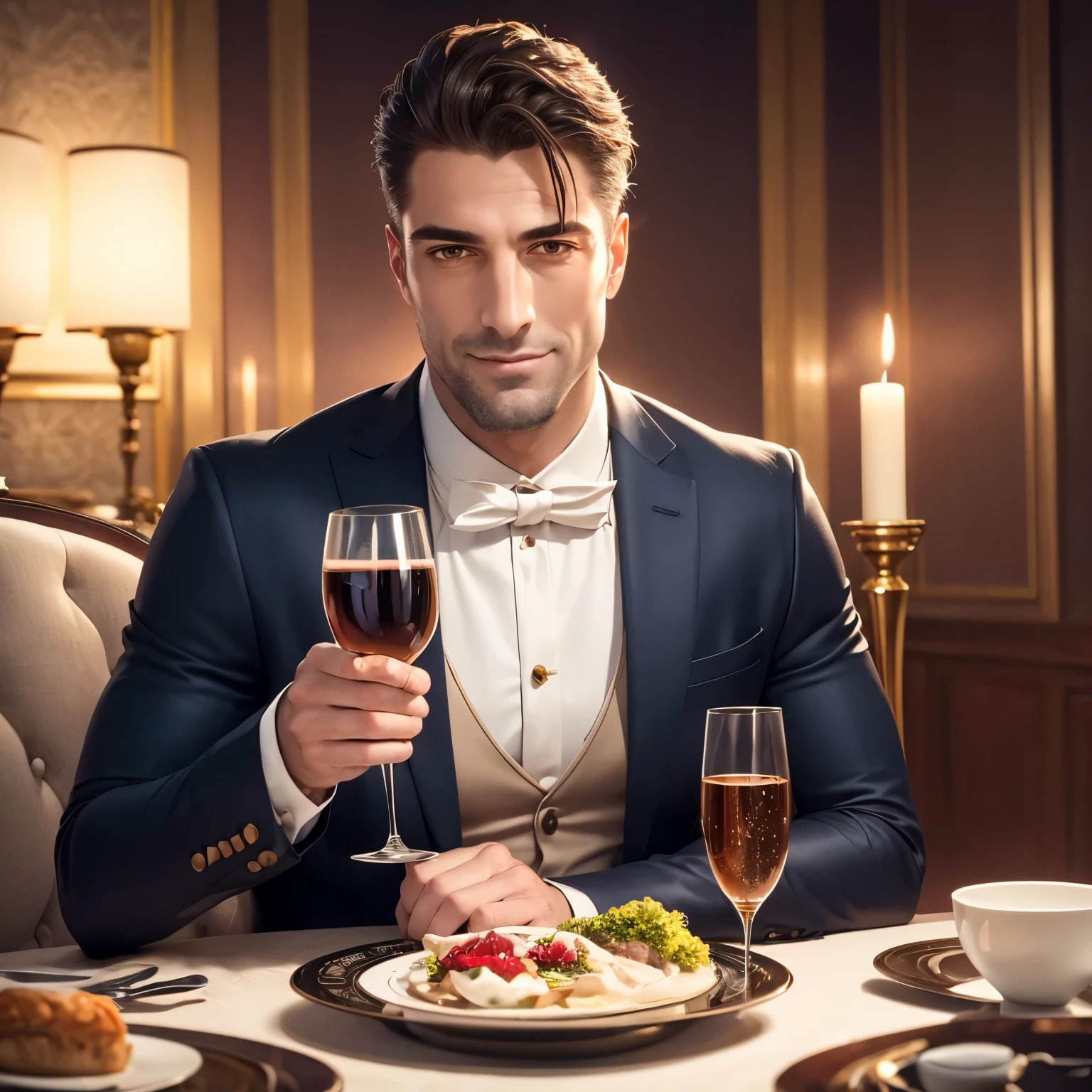 (best quality,ultra-detailed,highres,masterpiece:1.2), realistic, vivid colors, sharp focus, studio lighting,portrait,man,eye-catching,wearing a suit, formality,classy, elegant, stylish, sophisticated, confident, enjoying a luxurious dinner, caviar, delicious food, wine, champagne,glasses, polished silverware, white tablecloth,exquisite dining experience, fine dining, exclusive private restaurant, intimate atmosphere, high-class ambiance, art-deco decor, exquisite flower arrangement, soft background music, candlelit, dimly lit, fine porcelain plates, detailed facial features, clean-shaven, well-groomed, neatly combed hair, handsome, charming, engaging smile, sparkling eyes, attentive demeanor, raising a glass, toasting, celebrating, savoring each bite, appreciating the flavors, rich textures, delightful aromas, indulging in luxury, enjoying the moment, creating unforgettable memories.