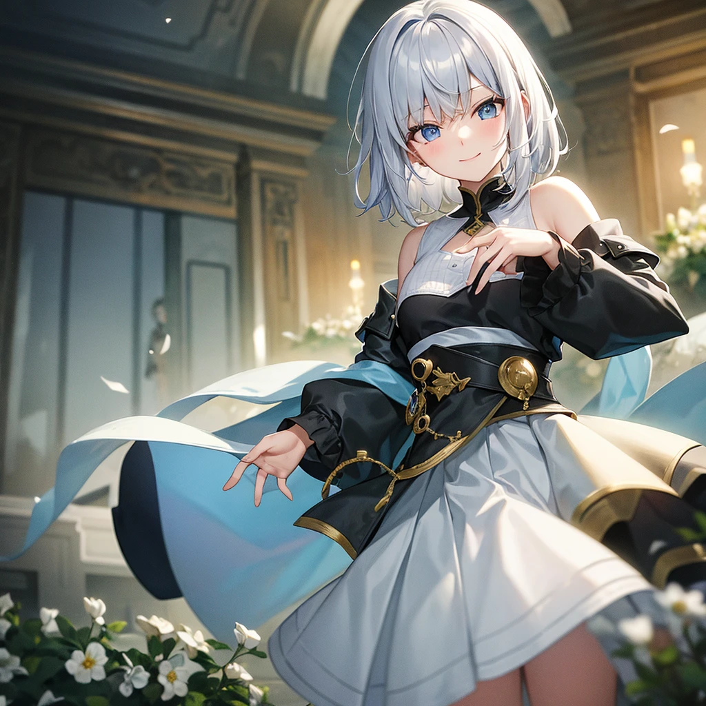 1girl, (table humping:1.5), (crotch rub:1.2), ((nobility lady cloth), (neat outfit:1.5), (costume with blue accents: 1.2), (white shirt) (skirt lift:1.5), (White hair and blue highlights),cyan eyes, medium, short hair, solo, (medium breasts:1.2), table, lifting,(suggestive fluid:1.2), masterpiece, best quality, highly detailed