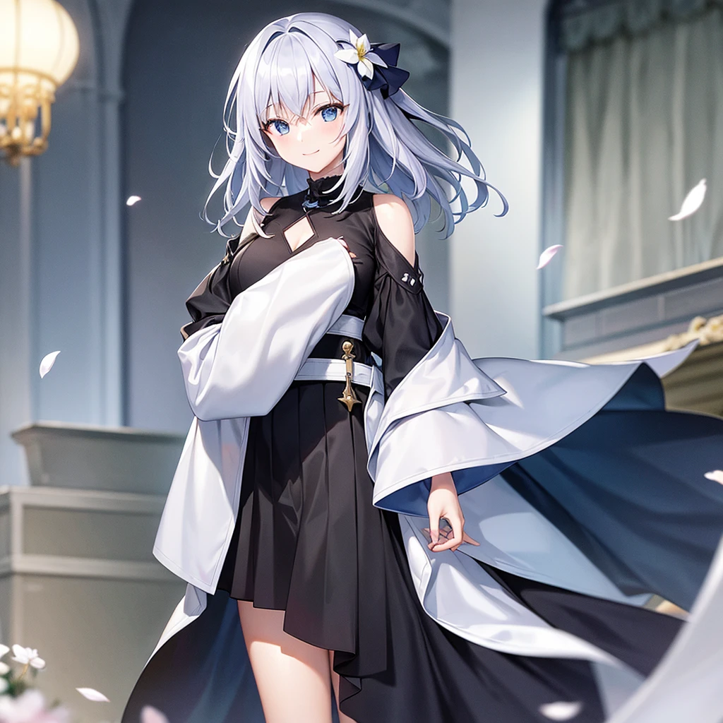 super high quality, with a girl, 20-year-old, very short hair, long bangs between the eyes, pale blue eyes , very detailed,(masterpiece、highest quality)、alone、gray hair、White skin as clear as snow、fantasy, silver hair, black eye, beautiful eyes,, ecstasy, charm, be smitten with audience, fantasyな風景、White jacket、black shirt、smile、flower garden、Cherry blossoms fall