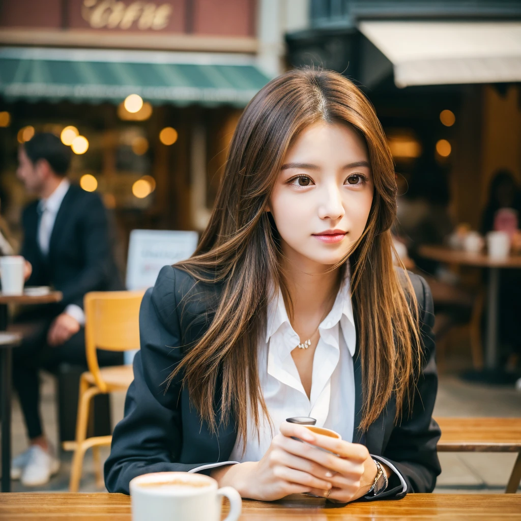 (realistic、High resolution:1.3)、Just one girl with a perfect figure、super thin face and eyes、long hair、suit:1 in random color.2、at the cafe、coffee on the table