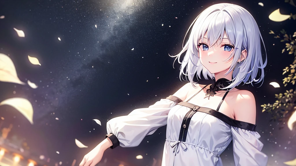 super high quality, with a girl, 20-year-old, very short hair, long bangs between the eyes, pale blue eyes , very detailed,(masterpiece、highest quality)、alone、gray hair、White skin as clear as snow、fantasy, silver hair, black eye, beautiful eyes,, ecstasy, charm, be smitten with audience, fantasyな風景、White jacket、black shirt、smile、flower garden