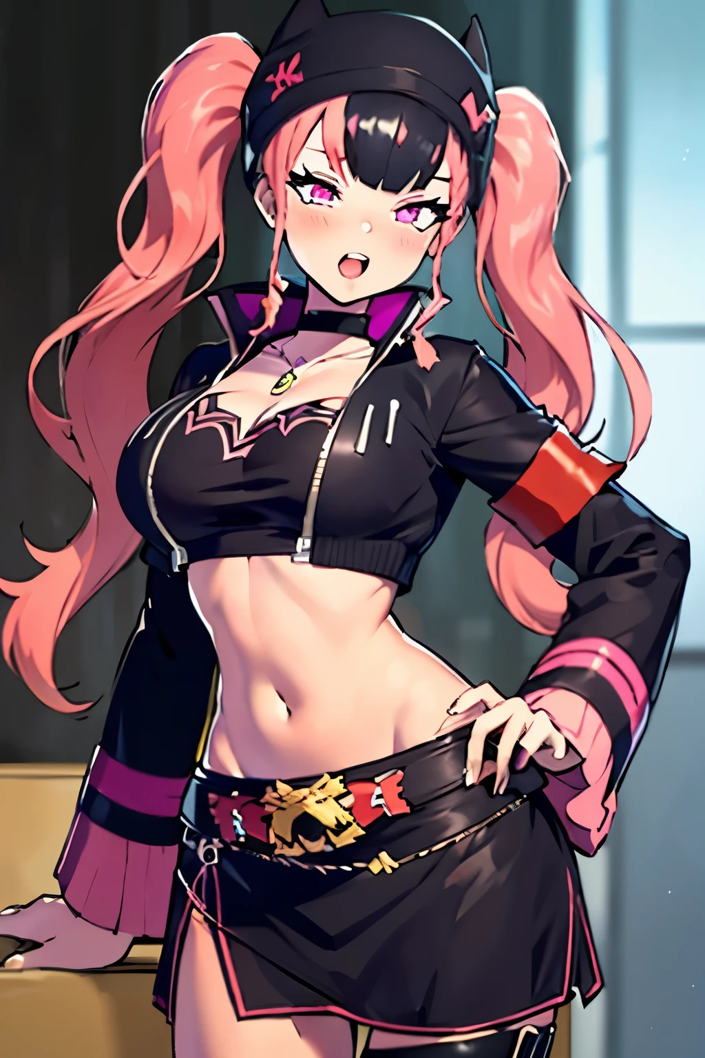 1woman, zoe1_palworld, 1girl,(((two-tone twintails:1.3))),(((two-tone hair:1.3))),large breasts,((shiny clothes:1.2)),masterpiece,high quality,highres,absurdres,(open mouth:1.2),lips,jacket,cleavage,hat,makeup,hair ornament,naughty face,navel,(  Looking at Viewer, lovely thighs, Perfectly detailed face, fully detailed hands and fingers, Masterpiece 1.1, Trending on ArtStation, pixiv quality, (((fine art:chin))), Intricately detailed, ultra graphics, SFW version, (((Mature 1.1))),  hat、Symmetrical face、