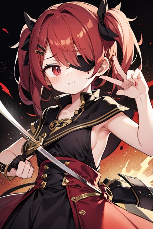 She has short red hair, wears a black eyepatch, and carries a magic sword.、The background is hell