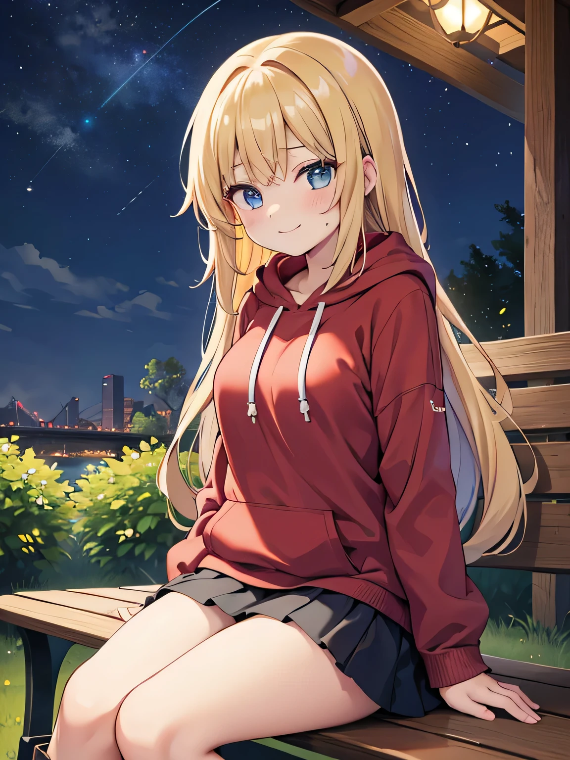 (1) A woman is sitting cross-legged on a bench. The color of the visible pants is red..
(2) She's a gal, Baby-faced but with heavy makeup. she has long blonde hair.
(3) The woman is wearing a brightly colored hoodie, Mini skirt and platform long boots.
(4) The woman's expression is a smile.
(5) The location is a park bench at night surrounded by a forest..