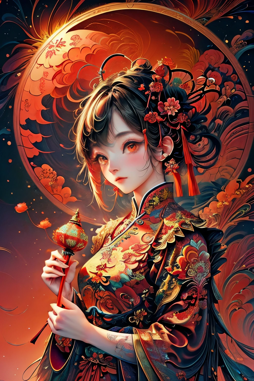 chinese new year,  (masterpiece, top quality, best quality, official art, beautiful and aesthetic:1.2), (1girl), extreme detailed,(fractal art:1.3),colorful,highest detailed