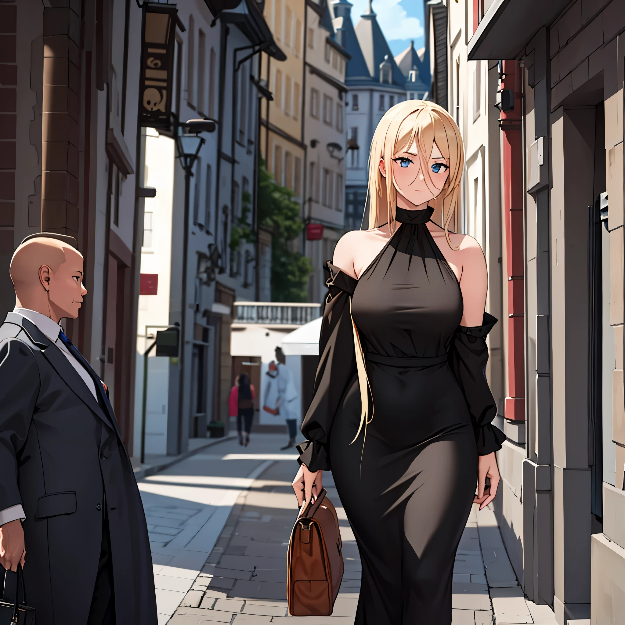 a woman with sophisticated black dress in a german city
