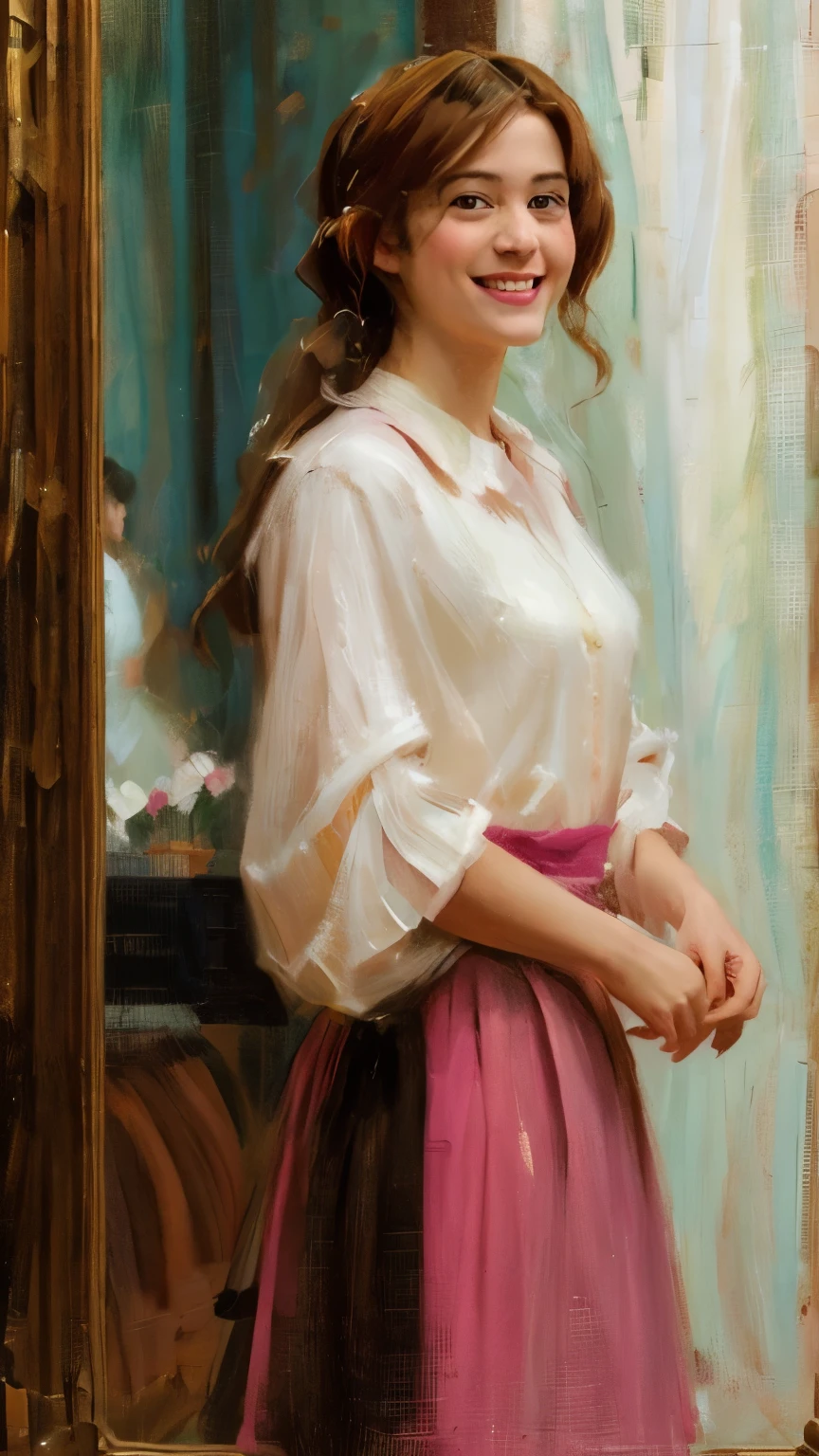 Young woman, smiling in front of mirror