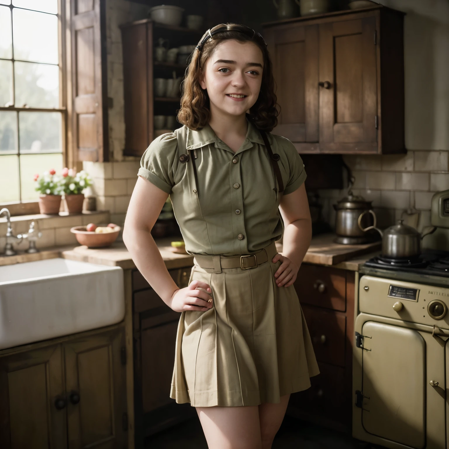 ((best quality)), ((masterpiece)), pretty smile with cure dimples, ((Photo-realistic)), (detailed), ((Maisie Williams)), ((pretty 1940s land army girl in an old kitchen)), full body, ((no joined body parts)), perfectly proportioned anatomy, natural poses, skirt hem ends above the knee,