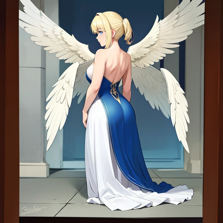 A blonde haired, blue eyed, lady with 6 angel wings coming from her back