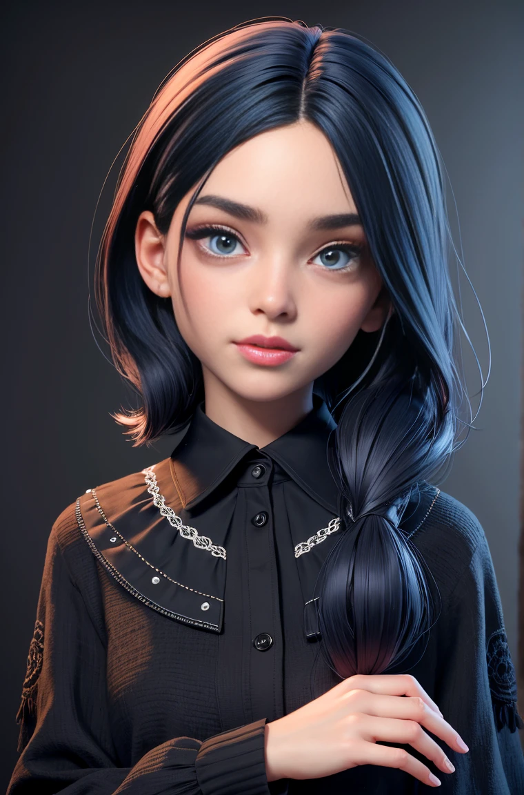 obra de arte, melhor qualidade,3d rending trabalho ,estilo 3dmm,fechar-se,retrato, 3D,1 garota, Sozinho, cabelo multicolorido, cabelo azul, Cabelo preto, colar, sardas, joia, cabelo em dois tons, olhando para o lado, realista, tronco, fundo simples, franja, Desviando o olhar, cabelo curto, parted lips, olhos pretos, lips, Gothic, gargantilha, inventar, Verruga, black camisa, camisa, marca d&#39;water