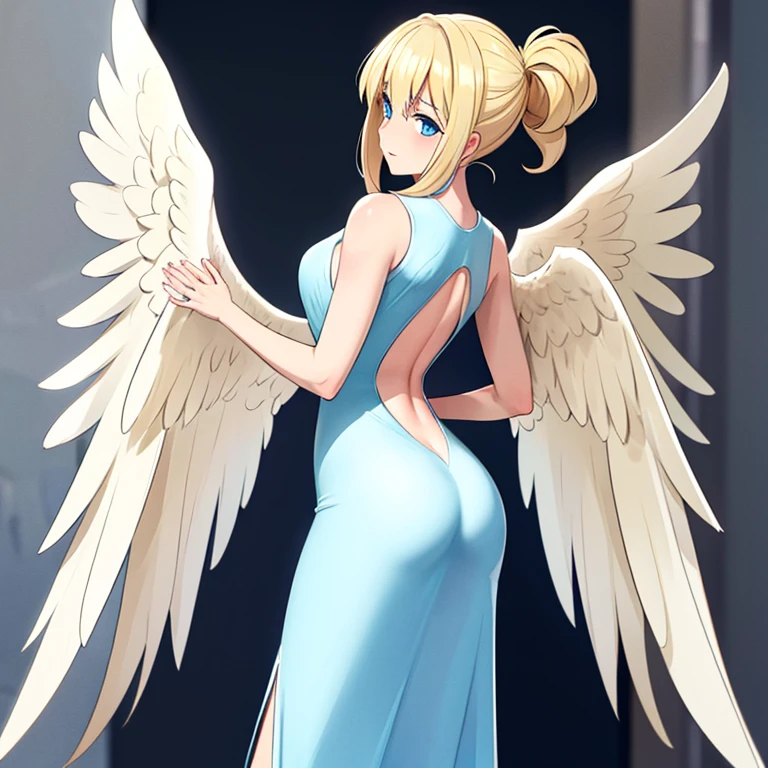 A blonde haired, blue eyed, lady with 6 angel wings coming from her back.